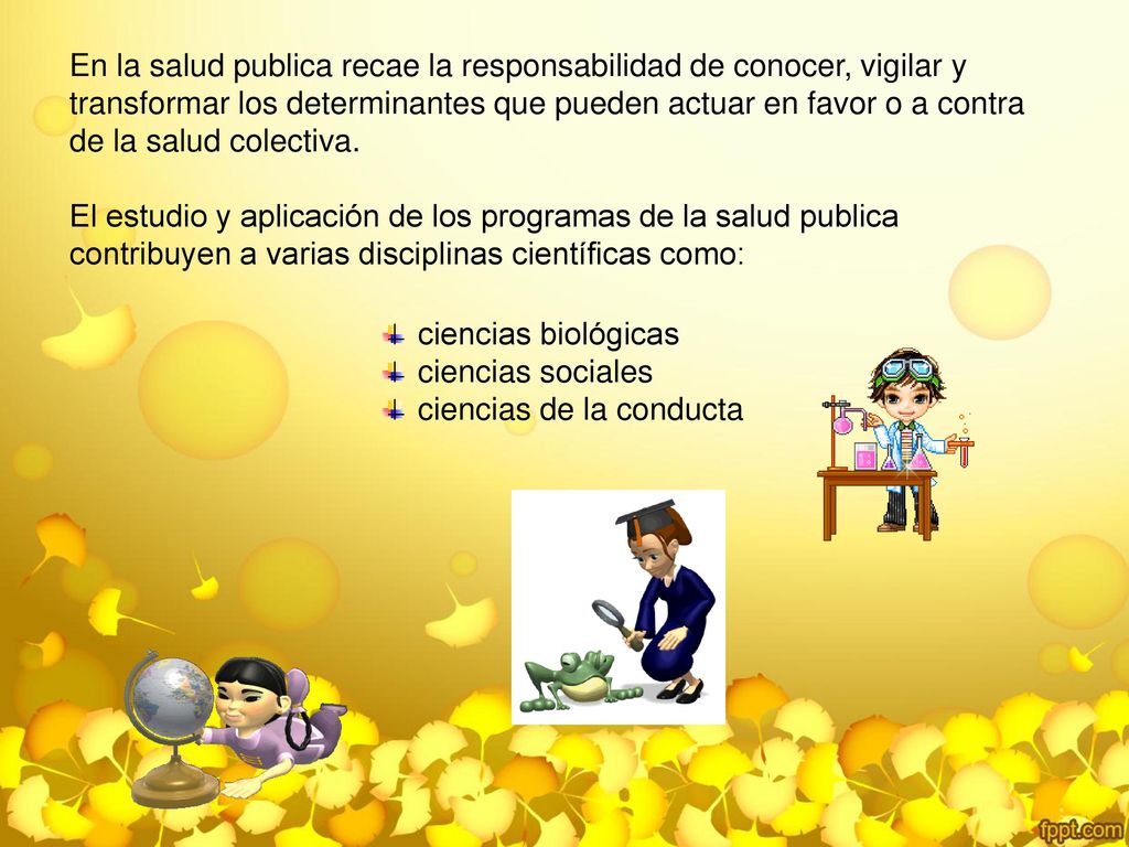 En la salud publica recae la responsabilidad de conocer, vigilar y transformar los determinantes que pueden actuar en favor o a contra de la salud colectiva. El estudio y aplicación de los programas de la salud publica contribuyen a varias disciplinas científicas como: