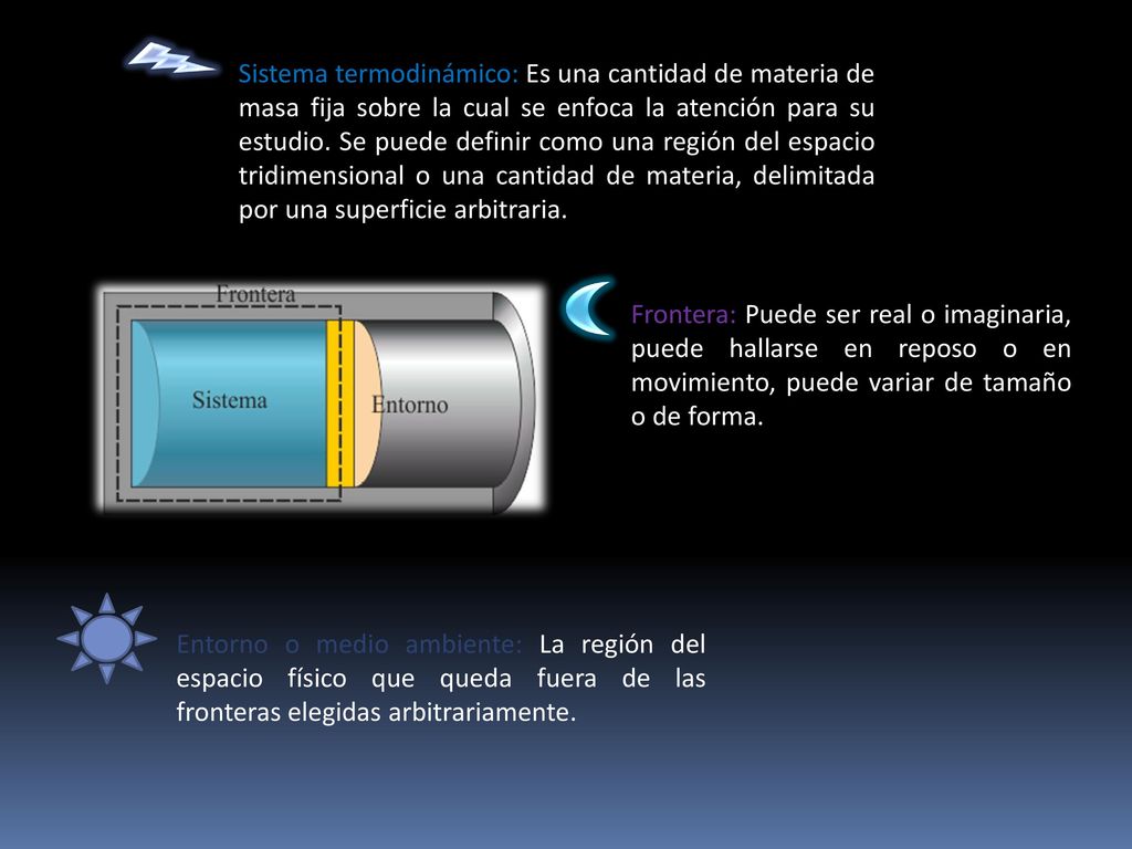 Sistema termodinámico: Es una cantidad de materia de masa fija sobre la cual se enfoca la atención para su estudio. Se puede definir como una región del espacio tridimensional o una cantidad de materia, delimitada por una superficie arbitraria.