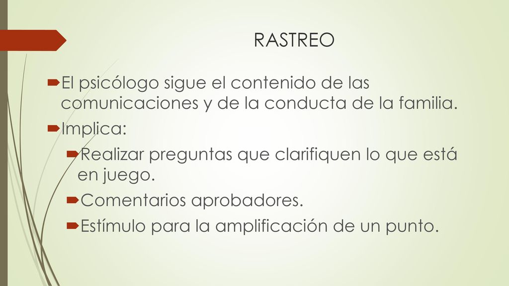 RASTREO El psicólogo sigue el contenido de las comunicaciones y de la conducta de la familia. Implica: