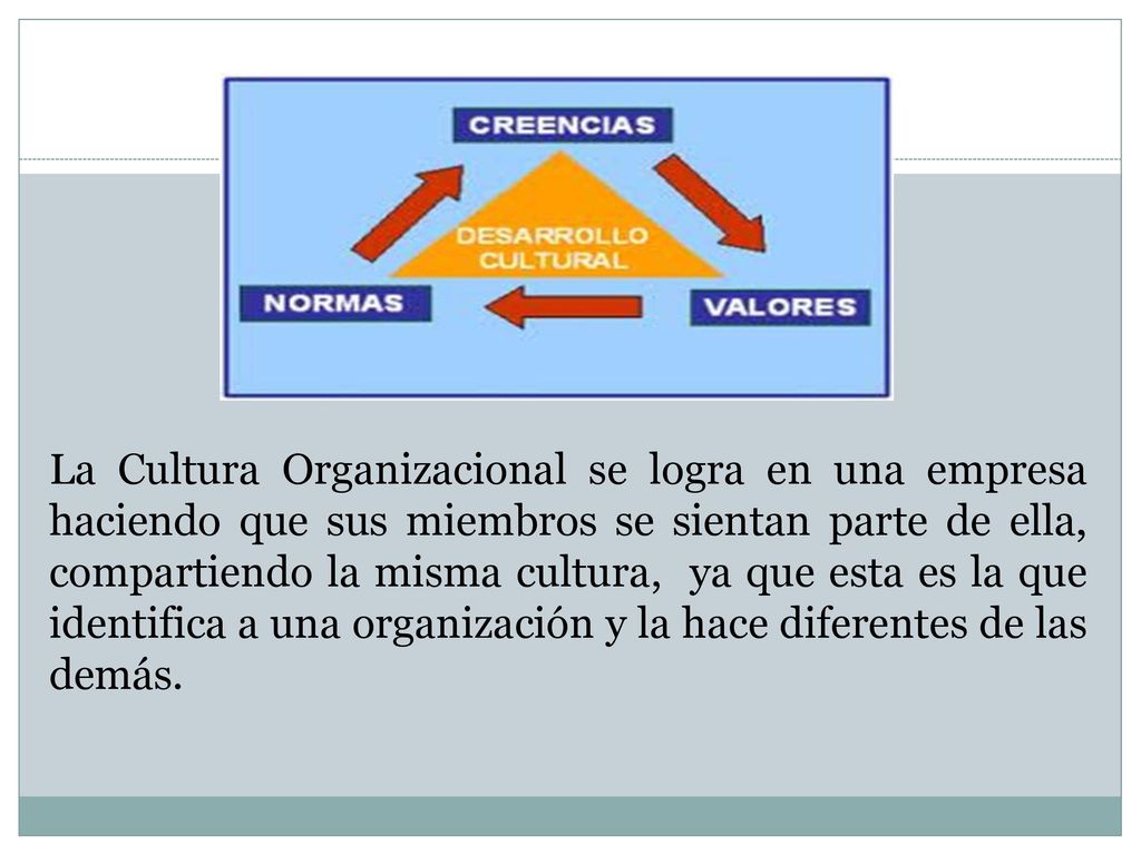 La Cultura Organizacional se logra en una empresa haciendo que sus miembros se sientan parte de ella, compartiendo la misma cultura, ya que esta es la que identifica a una organización y la hace diferentes de las demás.
