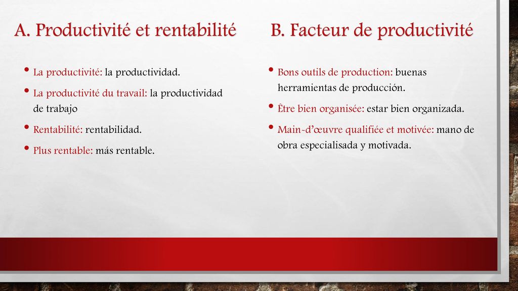 A. Productivité et rentabilité B. Facteur de productivité