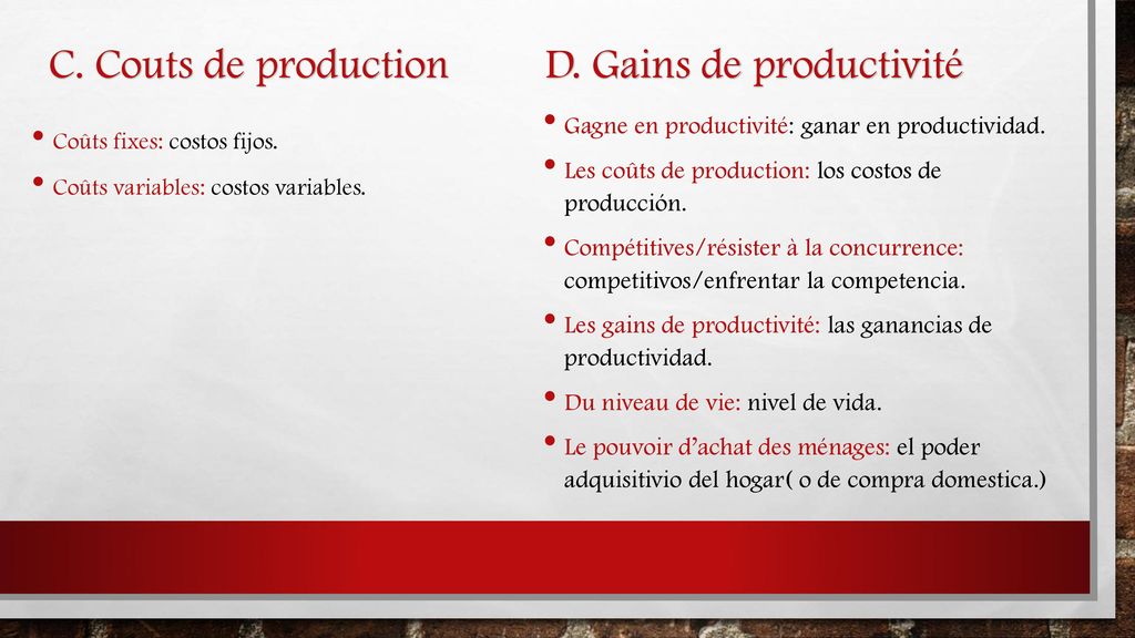 C. Couts de production D. Gains de productivité