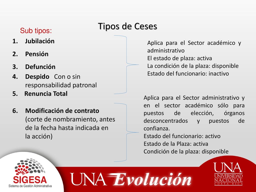 Tipos de Ceses Jubilación Sub tipos: Pensión Defunción