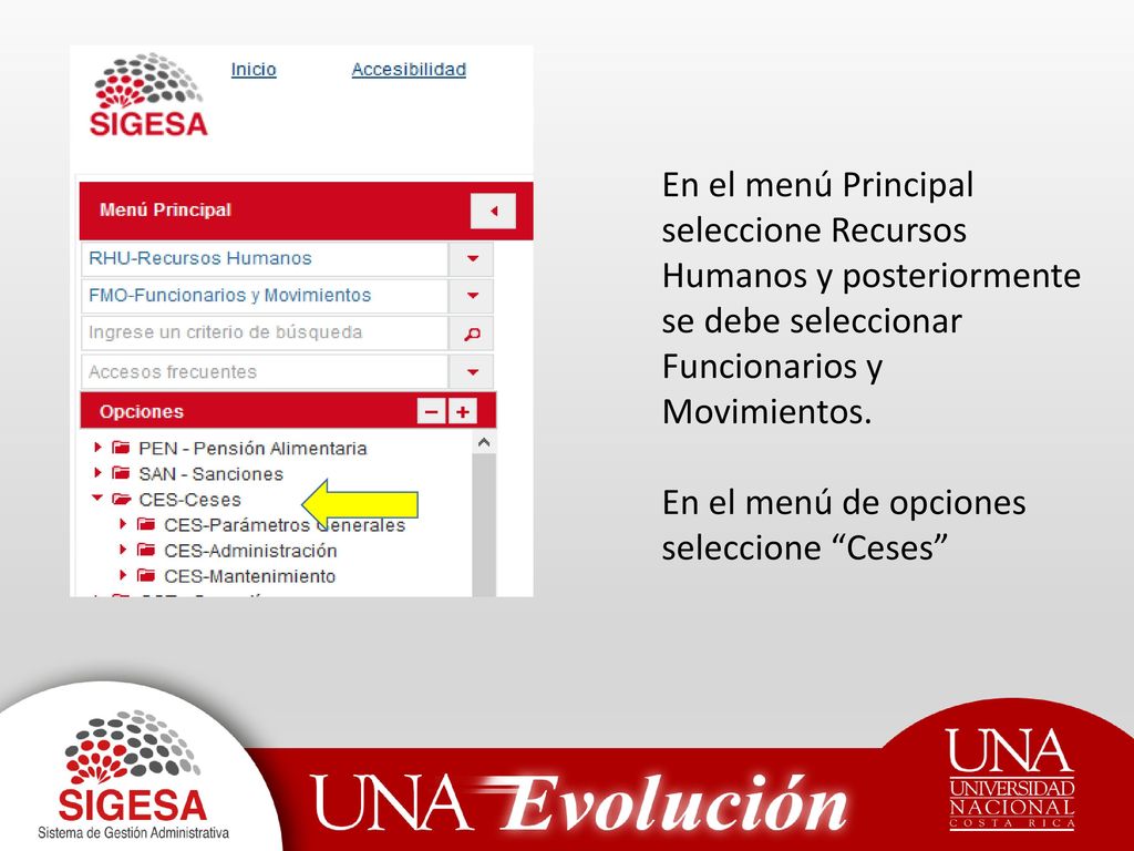 En el menú Principal seleccione Recursos Humanos y posteriormente se debe seleccionar Funcionarios y Movimientos.