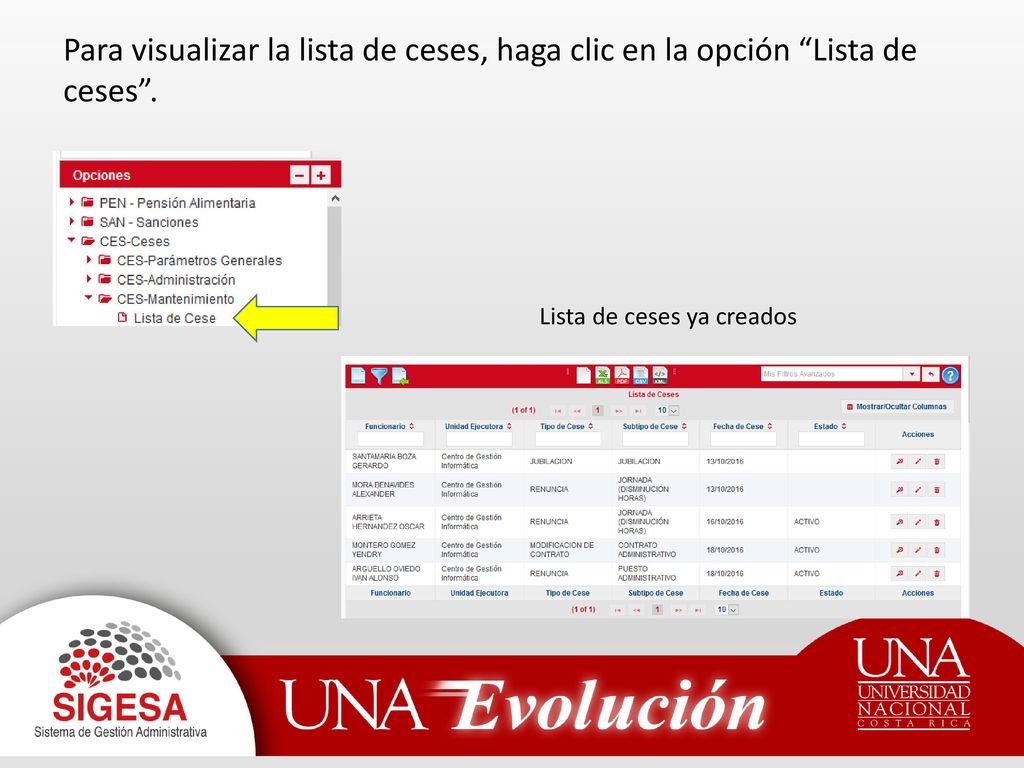 Para visualizar la lista de ceses, haga clic en la opción Lista de ceses .