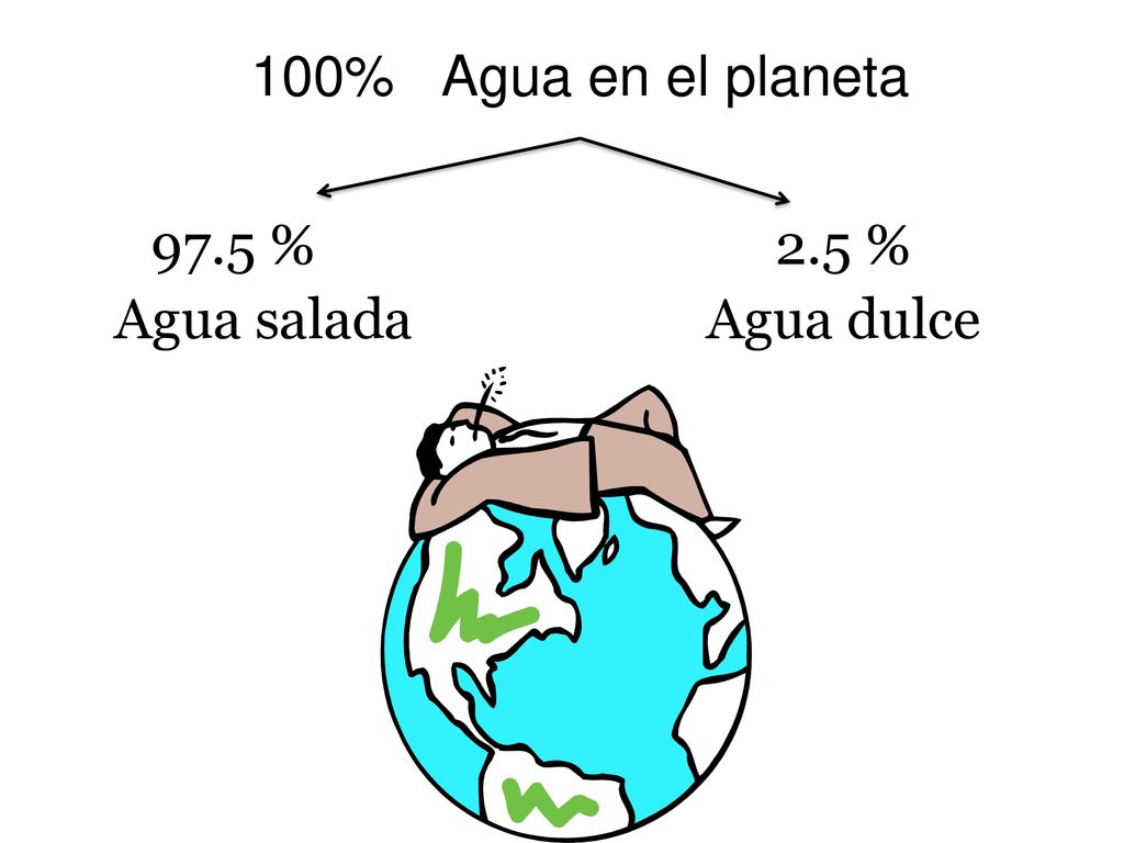 100% Agua en el planeta 97.5 % Agua salada 2.5 % Agua dulce
