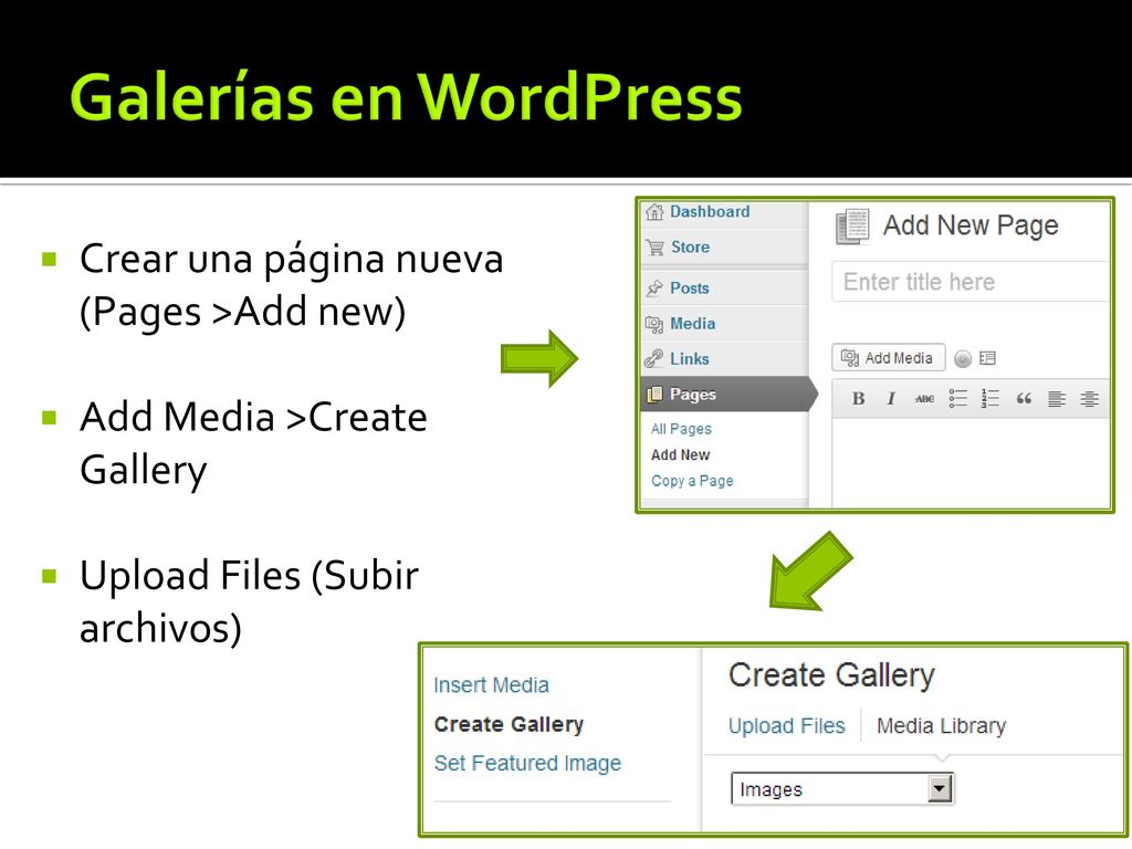 Galerías en WordPress Crear una página nueva (Pages >Add new)