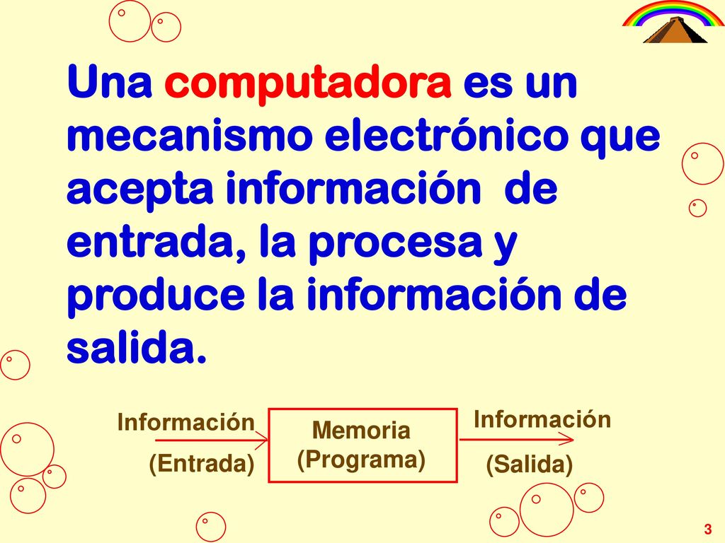 Una computadora es un mecanismo electrónico que acepta información de entrada, la procesa y produce la información de salida.