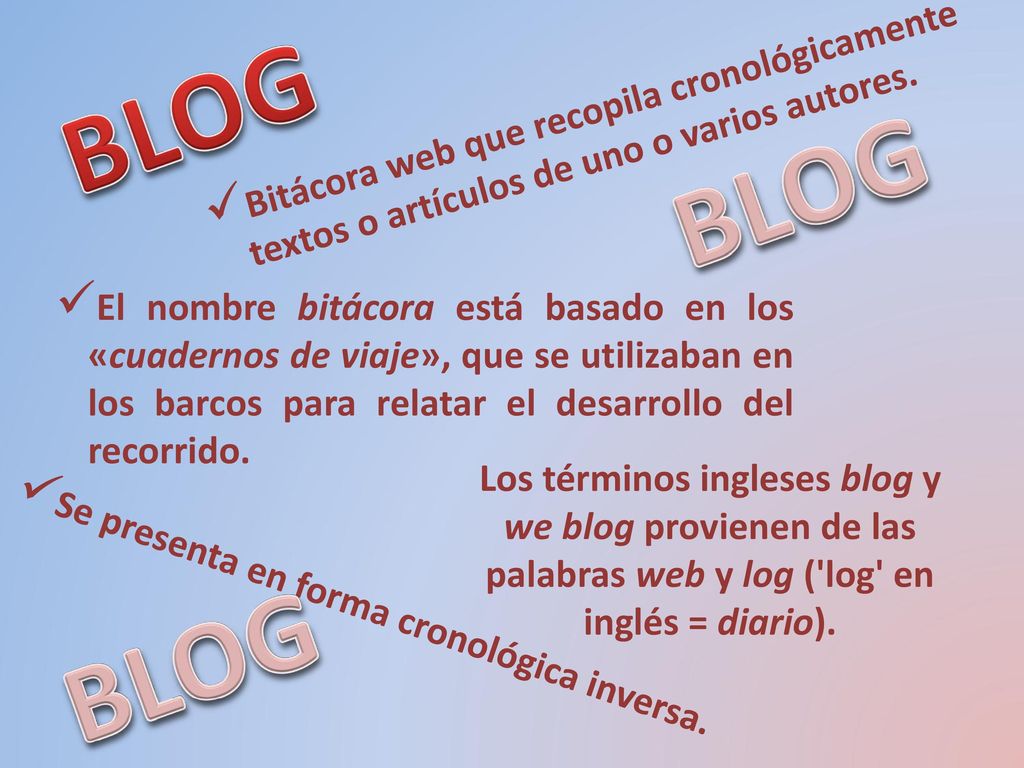 BLOG Bitácora web que recopila cronológicamente textos o artículos de uno o varios autores. BLOG.