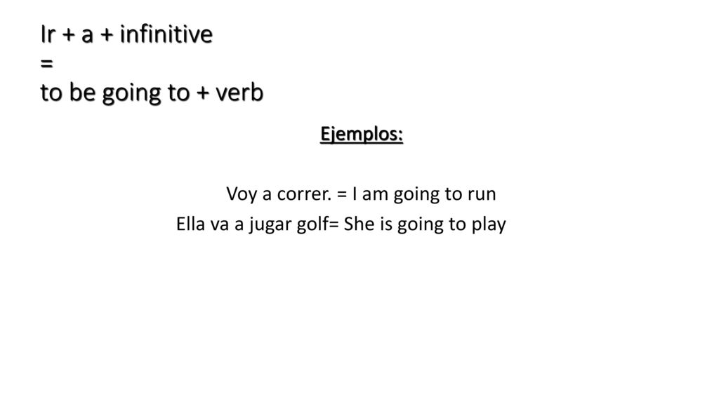 Ir + a + infinitive = to be going to + verb