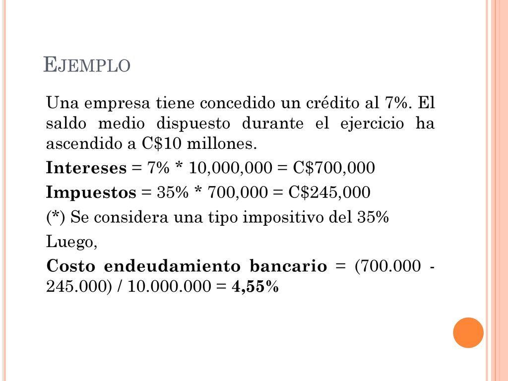 Ejemplo Una empresa tiene concedido un crédito al 7%. El saldo medio dispuesto durante el ejercicio ha ascendido a C$10 millones.