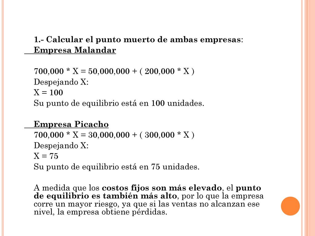 1.- Calcular el punto muerto de ambas empresas: Empresa Malandar. 700,000 * X = 50,000,000 + ( 200,000 * X )