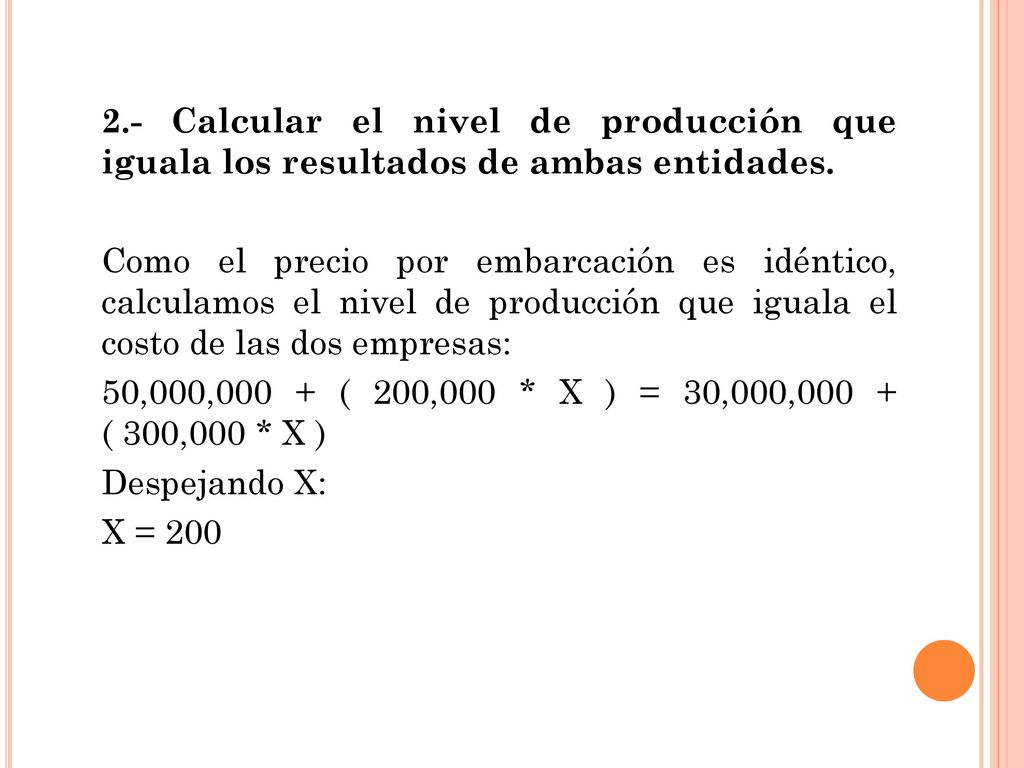 2.- Calcular el nivel de producción que iguala los resultados de ambas entidades.
