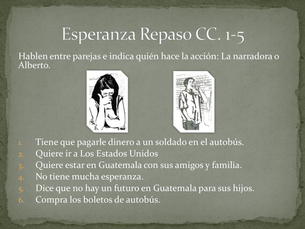 Esperanza Repaso CC. 1-5 Hablen entre parejas e indica quién hace la acción: La narradora o Alberto.