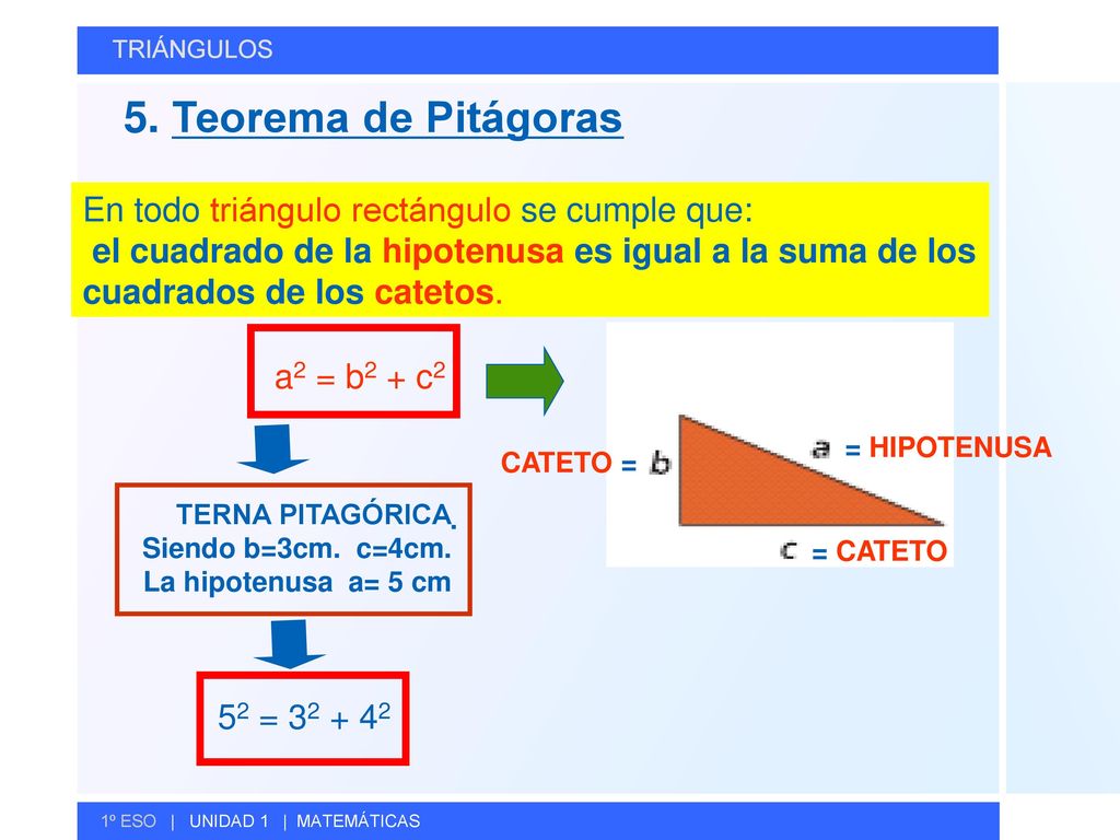 5. Teorema de Pitágoras En todo triángulo rectángulo se cumple que: