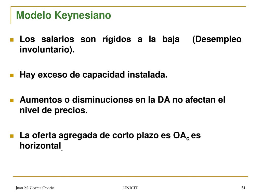Modelo Keynesiano Los salarios son rígidos a la baja (Desempleo involuntario). Hay exceso de capacidad instalada.