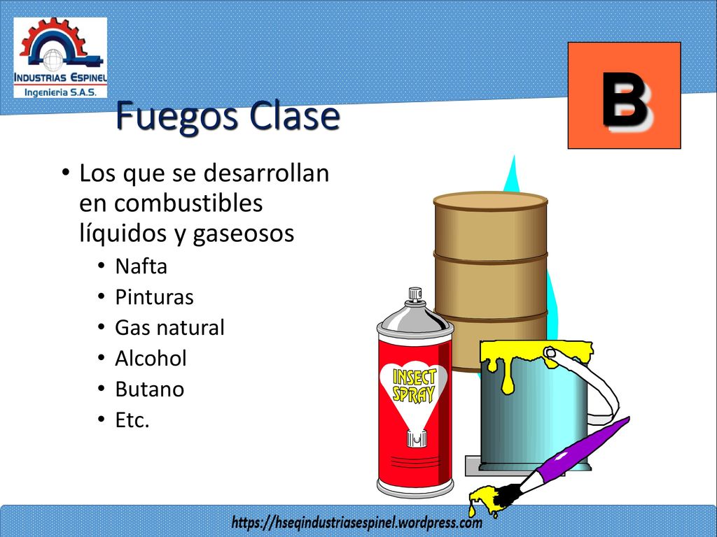 B Fuegos Clase. Los que se desarrollan en combustibles líquidos y gaseosos. Nafta. Pinturas. Gas natural.