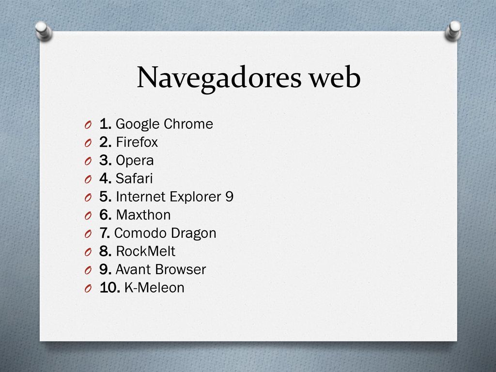 Navegadores web 1. Google Chrome 2. Firefox 3. Opera 4. Safari