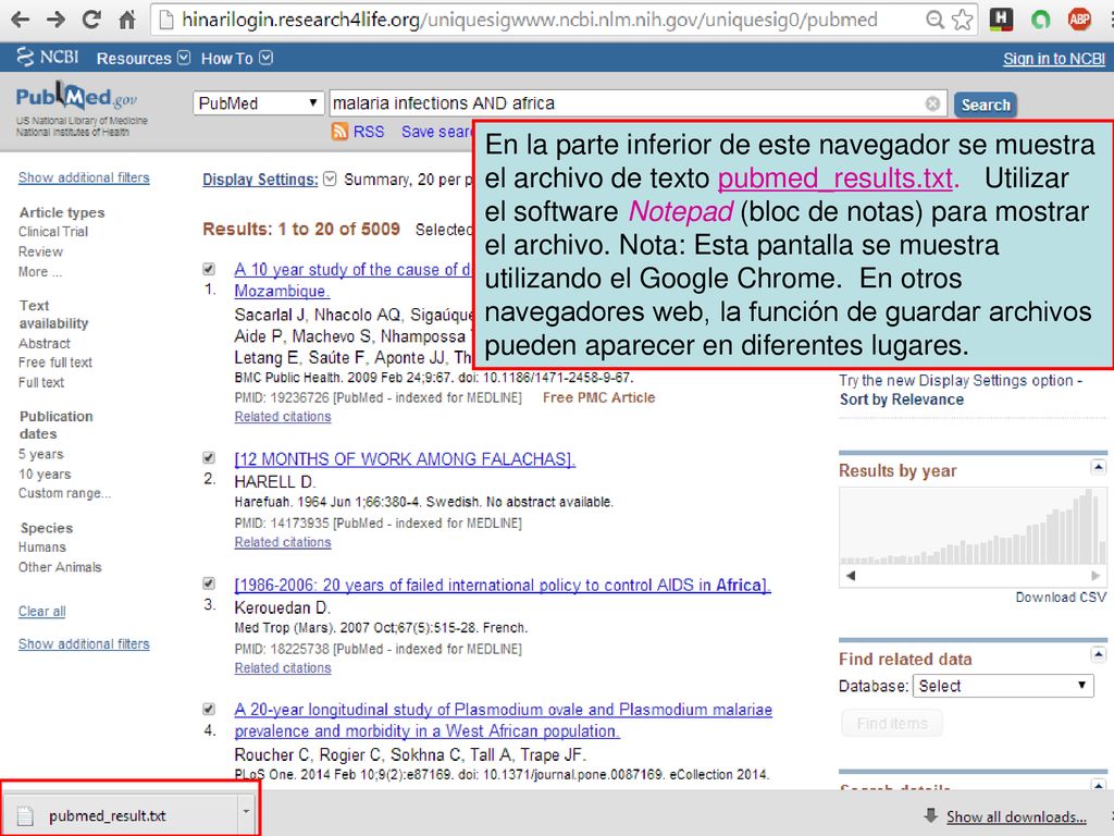 En la parte inferior de este navegador se muestra el archivo de texto pubmed_results.txt.