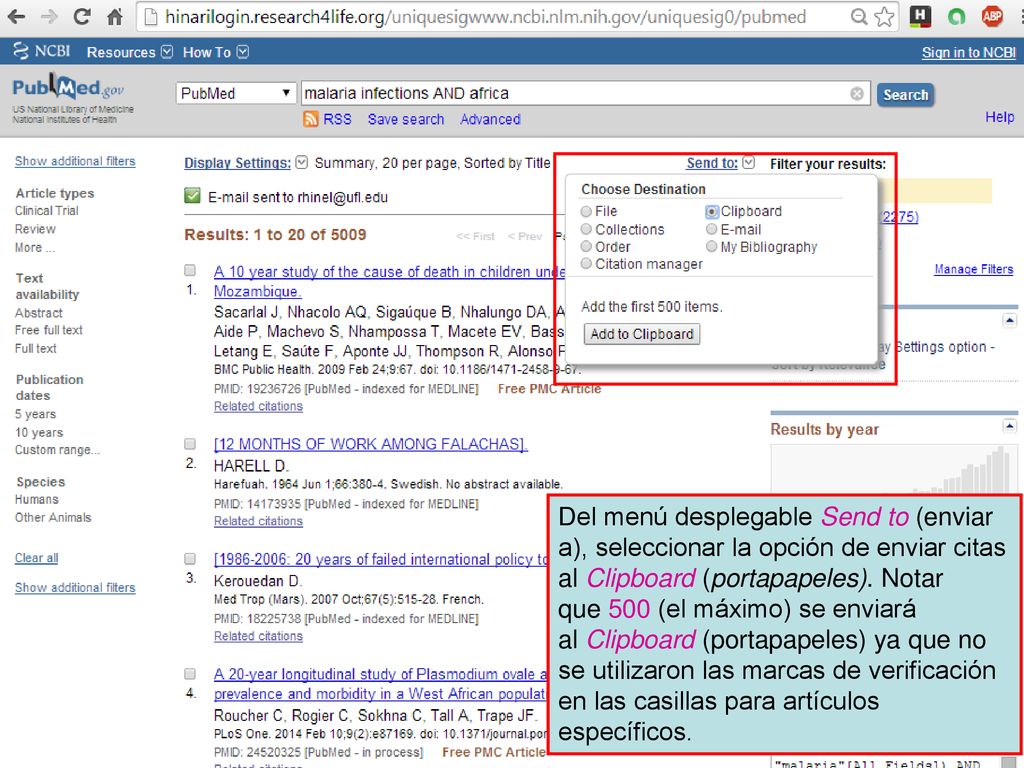 Del menú desplegable Send to (enviar a), seleccionar la opción de enviar citas al Clipboard (portapapeles).