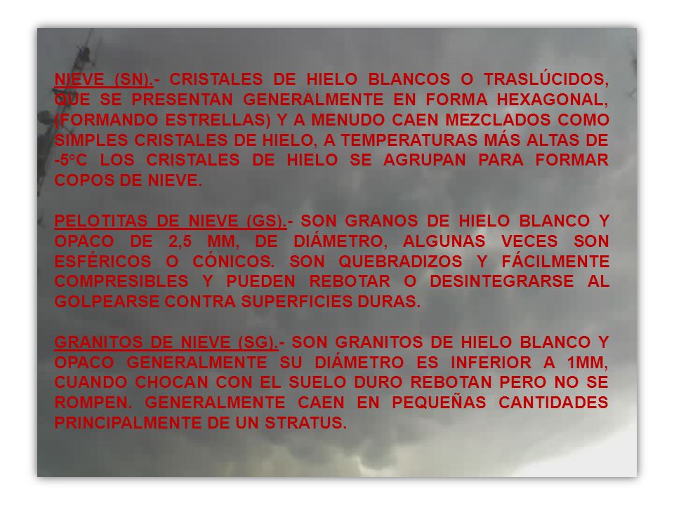 NIEVE (SN).- CRISTALES DE HIELO BLANCOS O TRASLÚCIDOS, QUE SE PRESENTAN GENERALMENTE EN FORMA HEXAGONAL, (FORMANDO ESTRELLAS) Y A MENUDO CAEN MEZCLADOS COMO SIMPLES CRISTALES DE HIELO, A TEMPERATURAS MÁS ALTAS DE -5°C LOS CRISTALES DE HIELO SE AGRUPAN PARA FORMAR COPOS DE NIEVE.