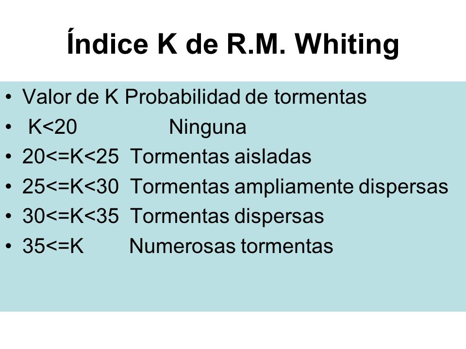 Índice K de R.M. Whiting Valor de K Probabilidad de tormentas