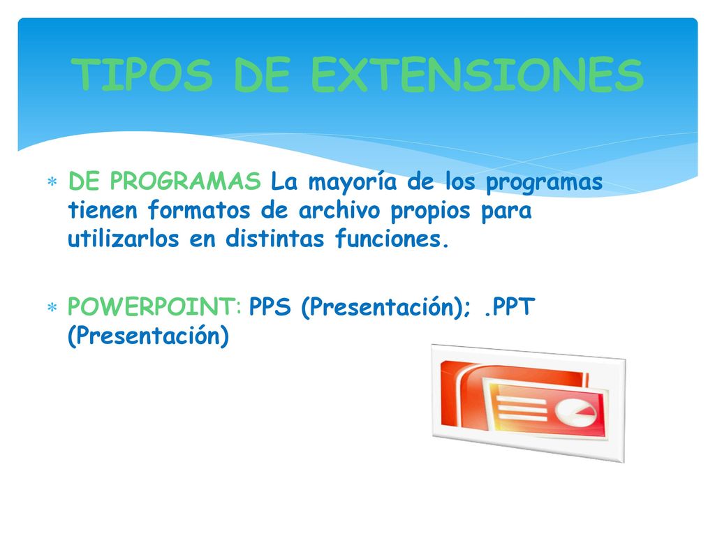 TIPOS DE EXTENSIONES DE PROGRAMAS La mayoría de los programas tienen formatos de archivo propios para utilizarlos en distintas funciones.