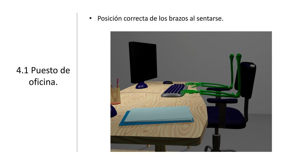 Posición correcta de los brazos al sentarse.