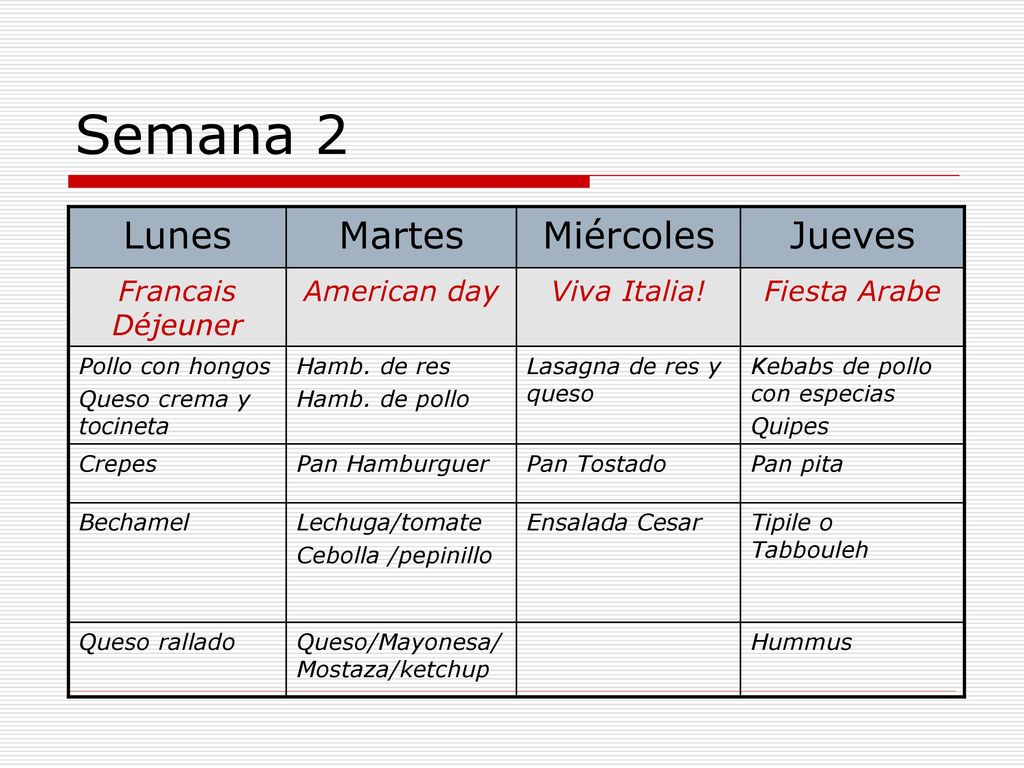 Semana 2 Lunes Martes Miércoles Jueves Francais Déjeuner American day