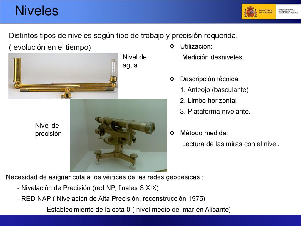 Niveles Distintos tipos de niveles según tipo de trabajo y precisión requerida. ( evolución en el tiempo)