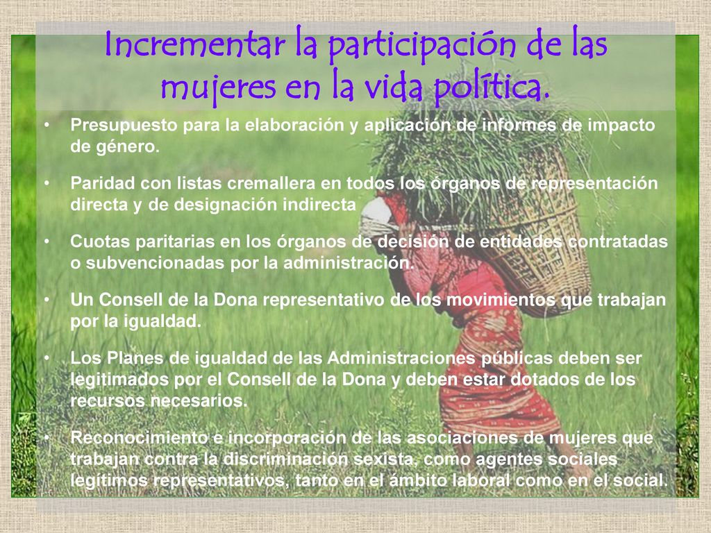 Incrementar la participación de las mujeres en la vida política.