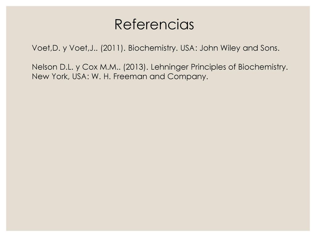 Referencias Voet,D. y Voet,J.. (2011). Biochemistry. USA: John Wiley and Sons.