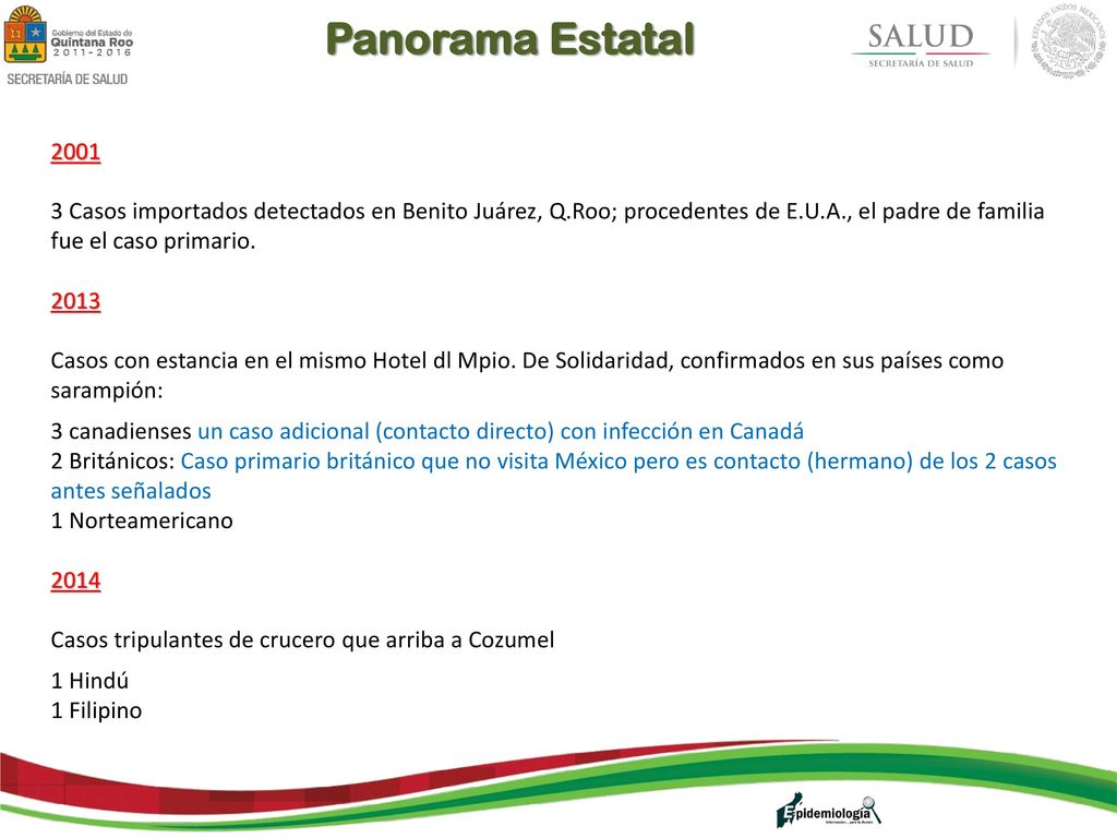 Panorama Estatal Casos importados detectados en Benito Juárez, Q.Roo; procedentes de E.U.A., el padre de familia fue el caso primario.