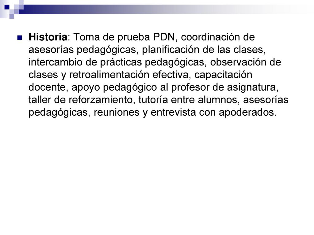 Historia: Toma de prueba PDN, coordinación de asesorías pedagógicas, planificación de las clases, intercambio de prácticas pedagógicas, observación de clases y retroalimentación efectiva, capacitación docente, apoyo pedagógico al profesor de asignatura, taller de reforzamiento, tutoría entre alumnos, asesorías pedagógicas, reuniones y entrevista con apoderados.