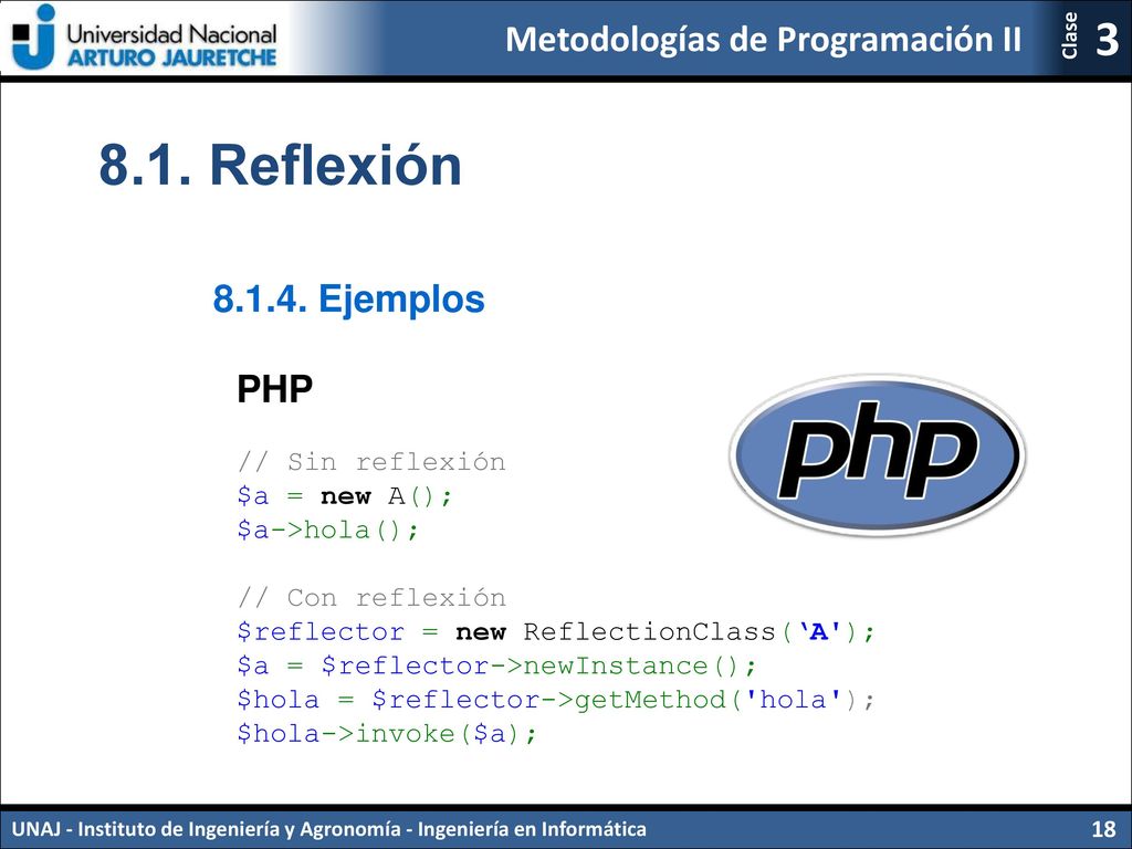 8.1. Reflexión Ejemplos PHP // Sin reflexión $a = new A();