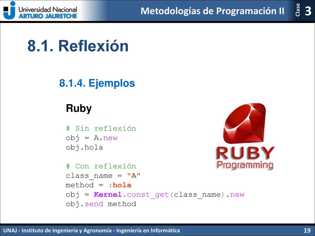 8.1. Reflexión Ejemplos Ruby # Sin reflexión obj = A.new