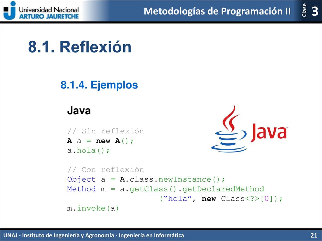 8.1. Reflexión Ejemplos Java // Sin reflexión A a = new A();