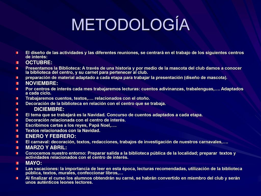 METODOLOGÍA OCTUBRE: NOVIEMBRE: ENERO Y FEBRERO: MARZO Y ABRIL: MAYO: