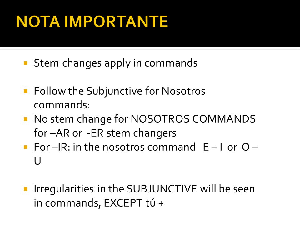 NOTA IMPORTANTE Stem changes apply in commands