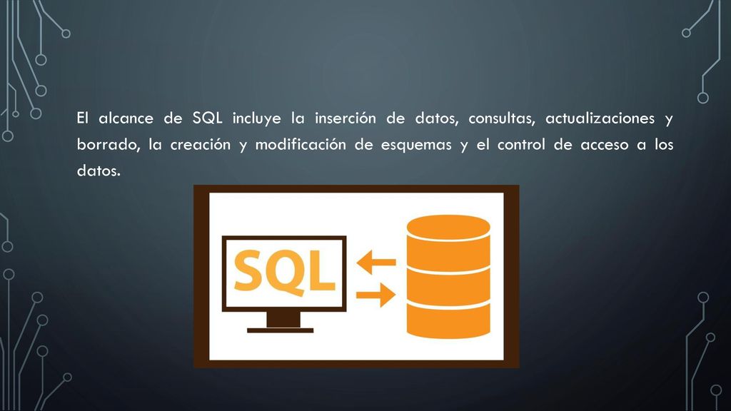 El alcance de SQL incluye la inserción de datos, consultas, actualizaciones y borrado, la creación y modificación de esquemas y el control de acceso a los datos.