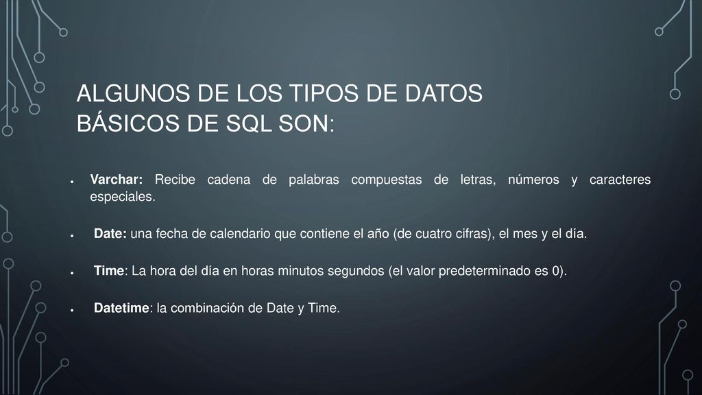Algunos de los tipos de datos básicos de SQL son: