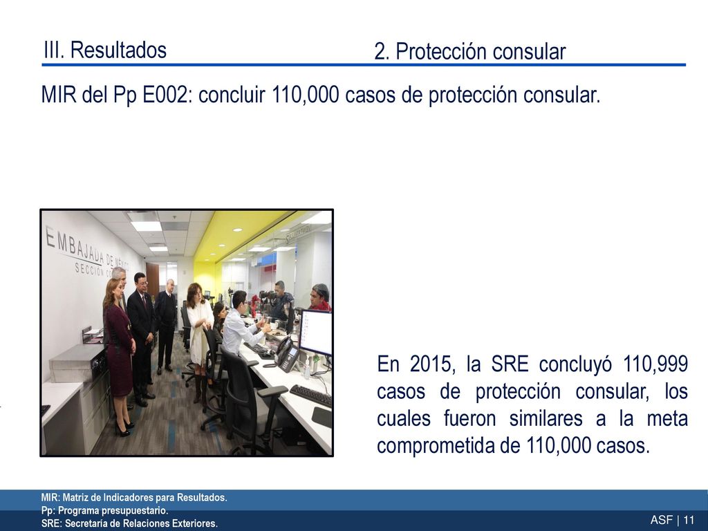 MIR del Pp E002: concluir 110,000 casos de protección consular.