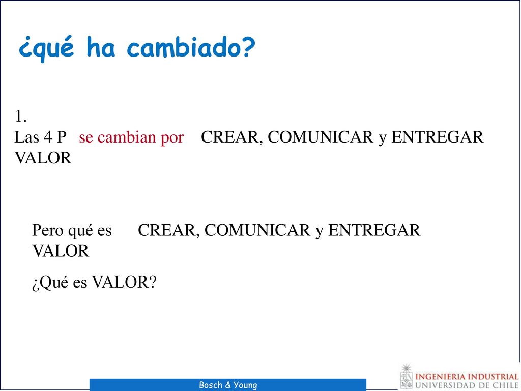 ¿qué ha cambiado 1. Las 4 P se cambian por CREAR, COMUNICAR y ENTREGAR VALOR. Pero qué es CREAR, COMUNICAR y ENTREGAR VALOR.