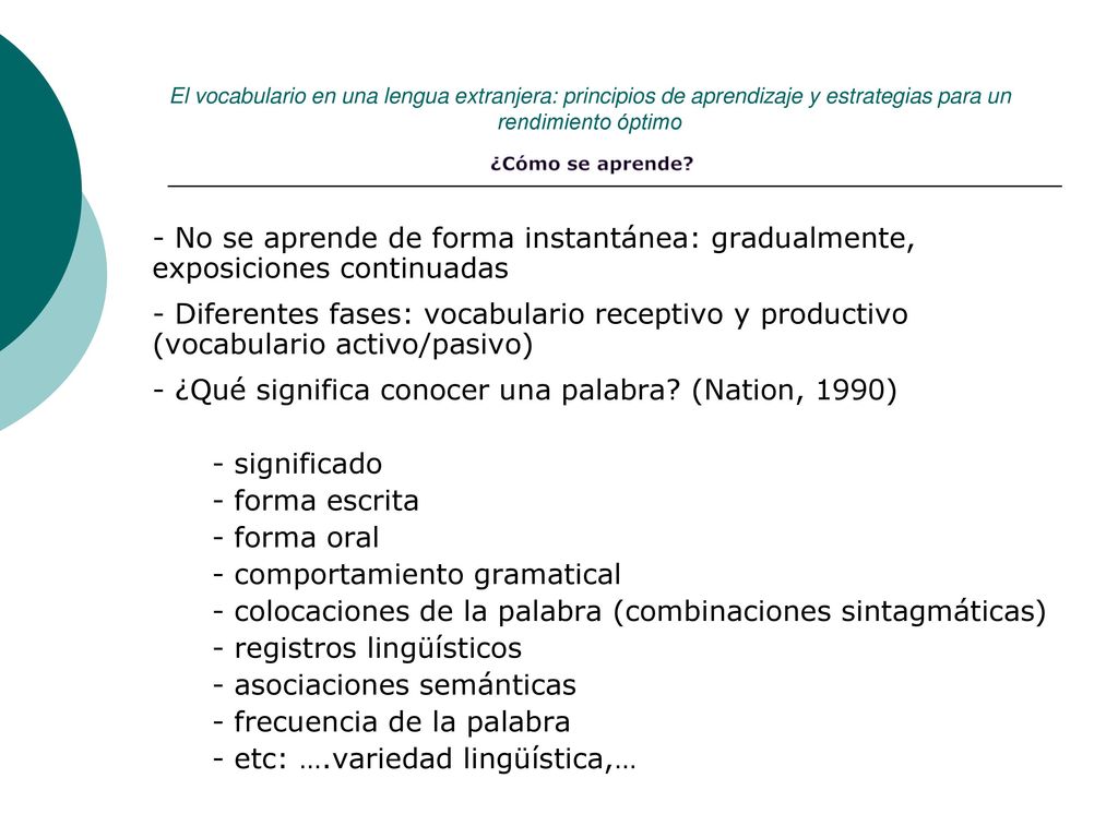 - ¿Qué significa conocer una palabra (Nation, 1990) - significado