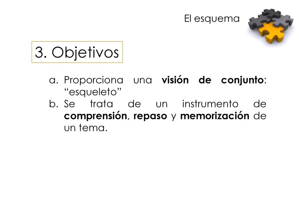 El esquema 3. Objetivos. Proporciona una visión de conjunto: esqueleto