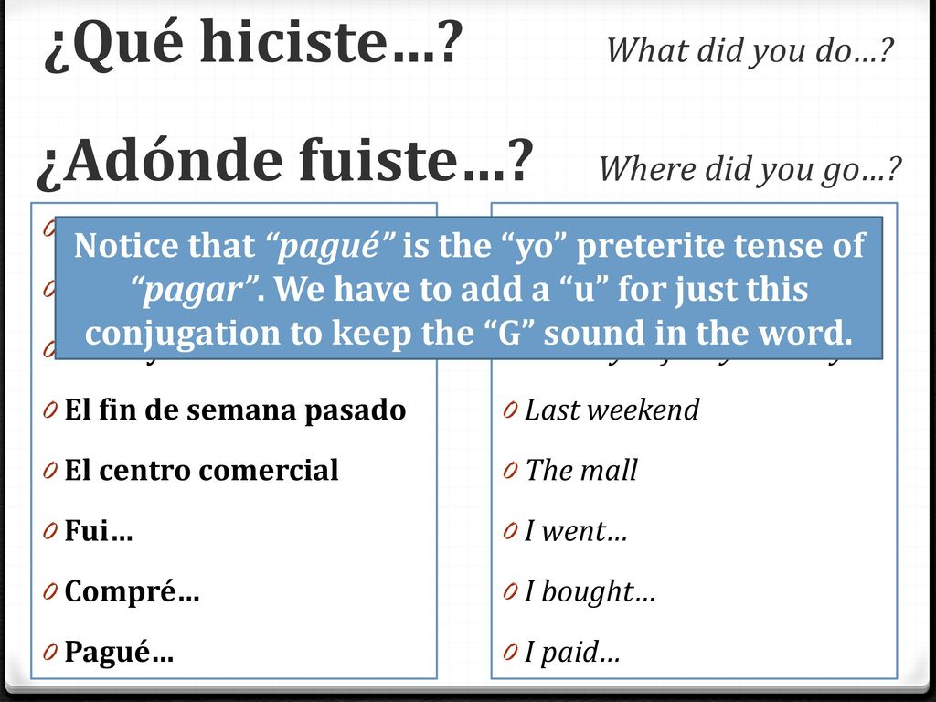 ¿Qué hiciste… What did you do… ¿Adónde fuiste… Where did you go…