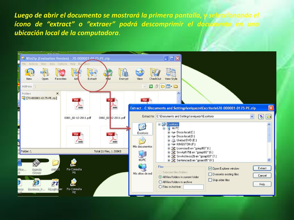 Luego de abrir el documento se mostrará la primera pantalla, y seleccionando el ícono de extract o extraer podrá descomprimir el documento en una ubicación local de la computadora.