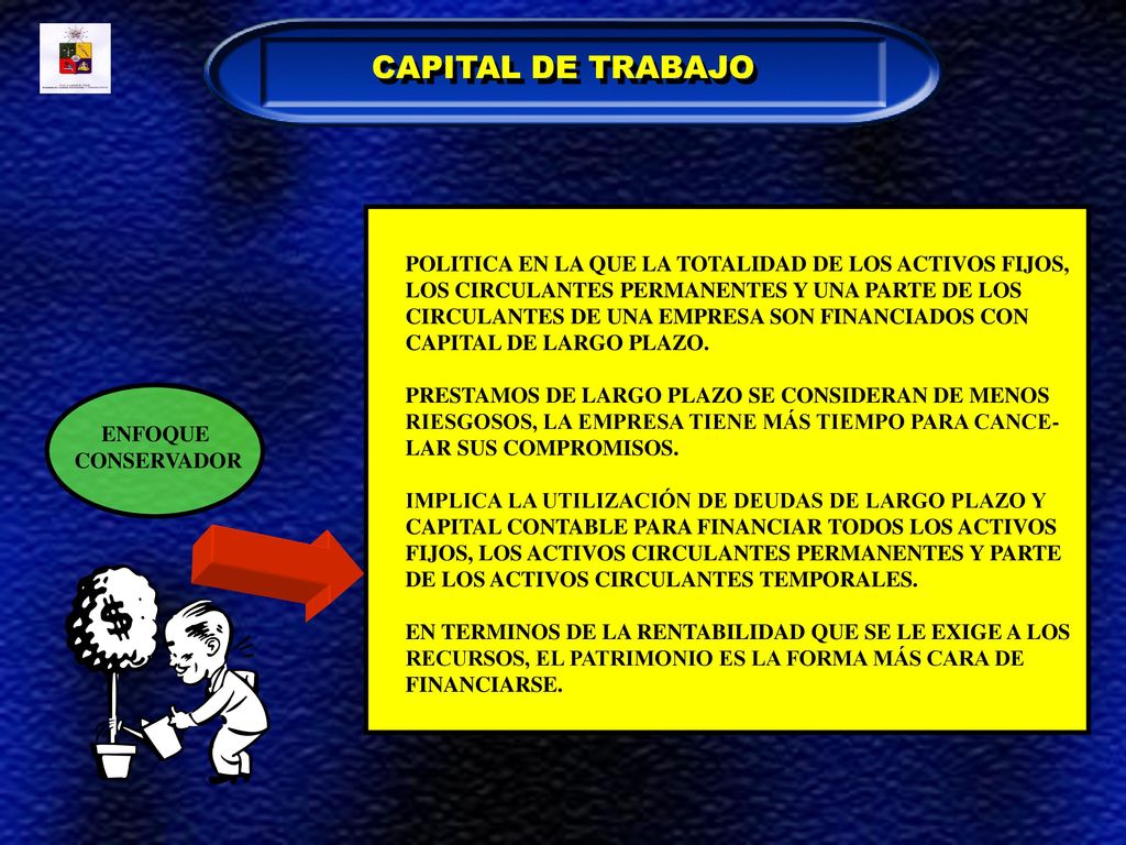 CAPITAL DE TRABAJO POLITICA EN LA QUE LA TOTALIDAD DE LOS ACTIVOS FIJOS, LOS CIRCULANTES PERMANENTES Y UNA PARTE DE LOS.