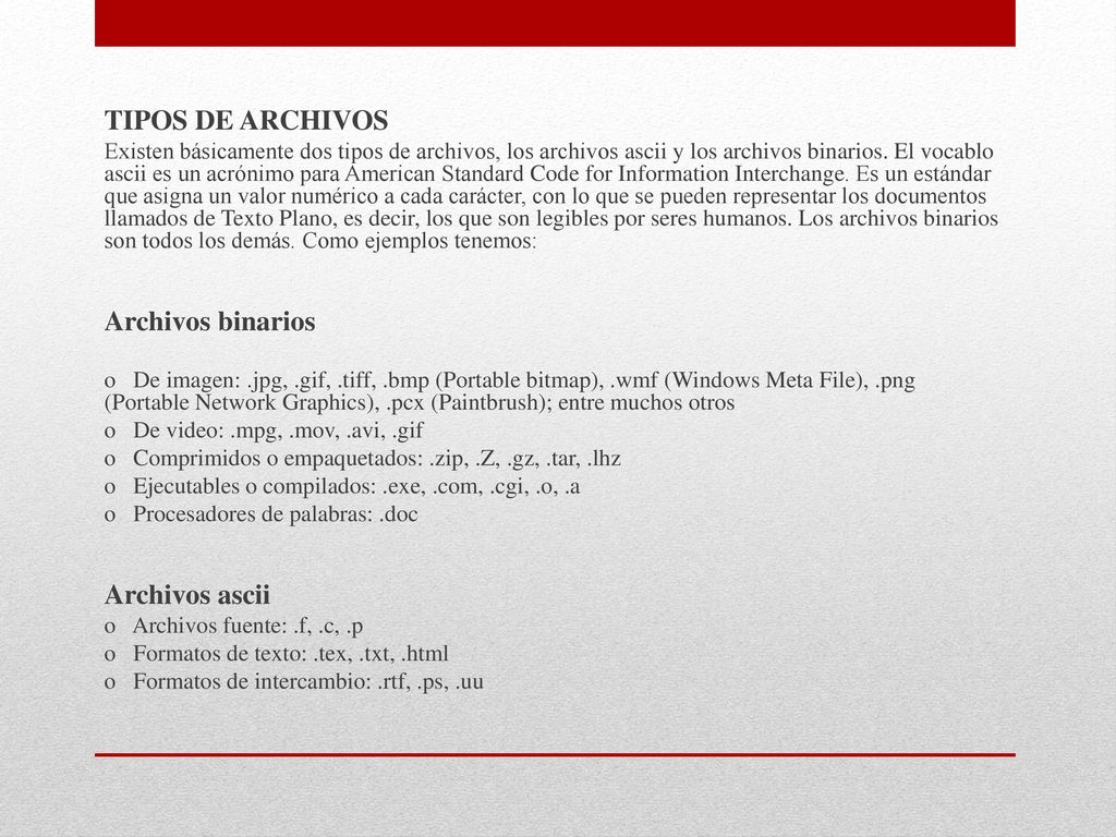 TIPOS DE ARCHIVOS Archivos binarios Archivos ascii
