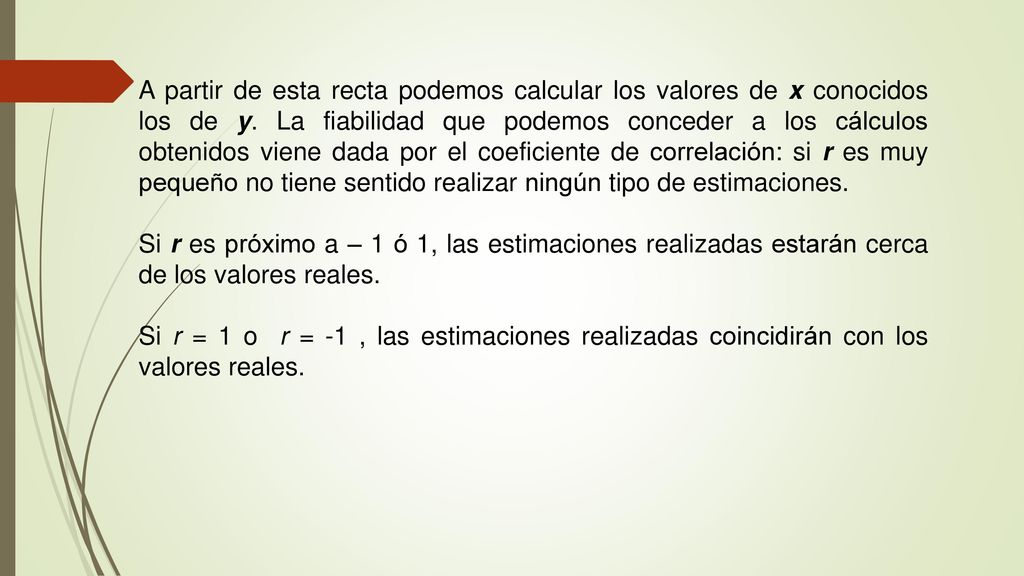A partir de esta recta podemos calcular los valores de x conocidos los de y. La fiabilidad que podemos conceder a los cálculos obtenidos viene dada por el coeficiente de correlación: si r es muy pequeño no tiene sentido realizar ningún tipo de estimaciones.